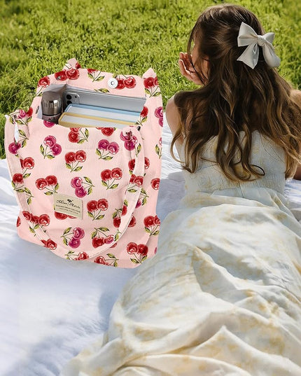 Corduroy Tote Bag for Women - Reusable Totes with Pocket & Buckle Cute Aesthetic Shoulder Bag for Work Travel