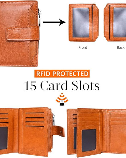 Bveyzi Women's Small Leather RFID Blocking Bifold Zipper Pocket Wallet Ladies Credit Card Slots Purse with id Window