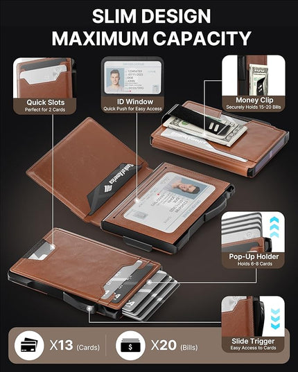 typecase Wallet for Men: Rfid-blocking with Money Clip Slim Leather Bifold ID Window Smart Pop Up Card Case Front Pocket Wallet with Gift Box (Light Brown)