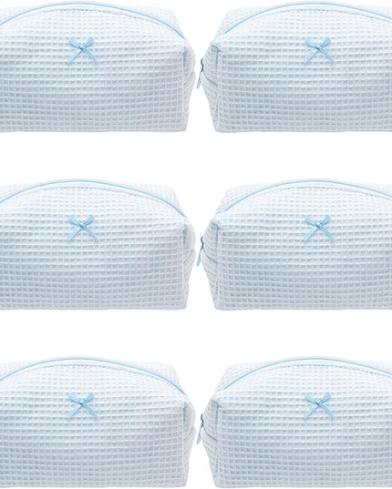 PAZIMIIK 6PCS Cozy Makeup Bag Travel Cosmetic Bag for Women Soft Toiletry Bag Aesthetic Makeup Organizer Portable Large Zipper Pouch for Skincare Beauty Accessories Brushes Waffle Check Blue