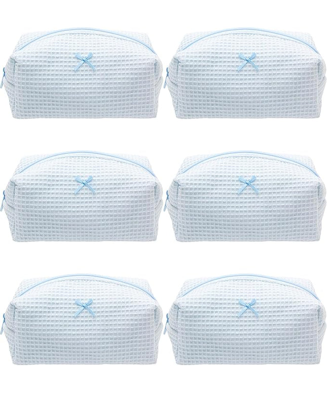 PAZIMIIK 6PCS Cozy Makeup Bag Travel Cosmetic Bag for Women Soft Toiletry Bag Aesthetic Makeup Organizer Portable Large Zipper Pouch for Skincare Beauty Accessories Brushes Waffle Check Blue