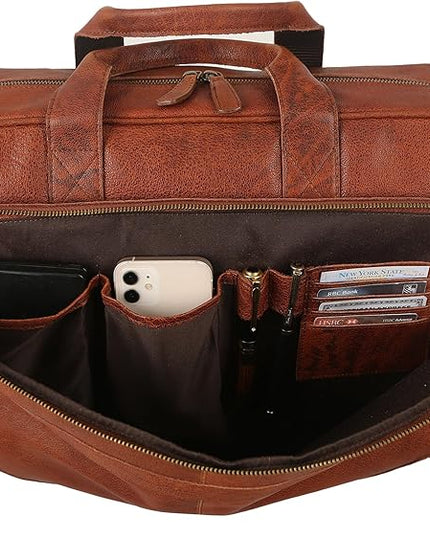 Leather briefcase 18 Inch Laptop Messenger Bags for Men and Women Best Office briefcase Satchel Bag (Wash Tan)