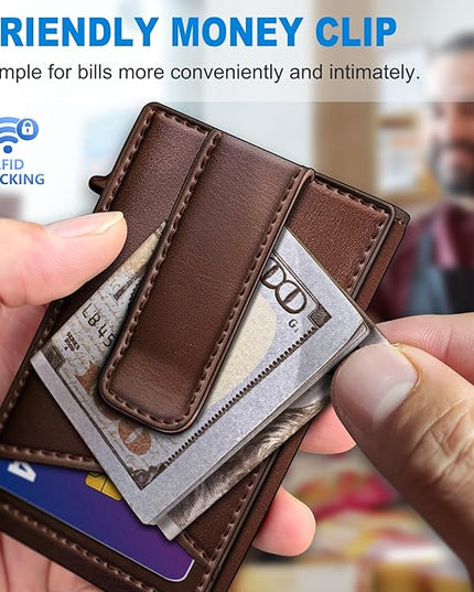 miyozi Airtag Wallet for Men Money Clip 9-Card Pop-Up Credit Card Holder with ID Window RFID Blocking Metal Case Magnetic Closure Front Pocket Wallet Gift Box