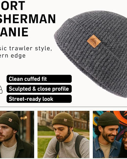 TOP-EX PolarWool™ 100% Merino Wool Fisherman Beanie Hat | Soft Single Layer Warm Short Sailor Trawler Cap for Men Women