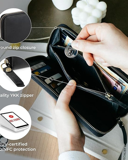 BERLINER BAGS Vintage Genuine Leather Wallet Margo, RFID Blocking Credit Card Holder, Slim Womens Wallet, Zip Around Wallet for 13 Cards and ID window, Bills, Coins - Dark Grey