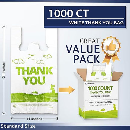 YoYoRain 1000 Pack White Design Thank You T-Shirt Bags with Handles, 11"x6"x21" Plastic Shopping Bags for Grocery, Retail & Takeout
