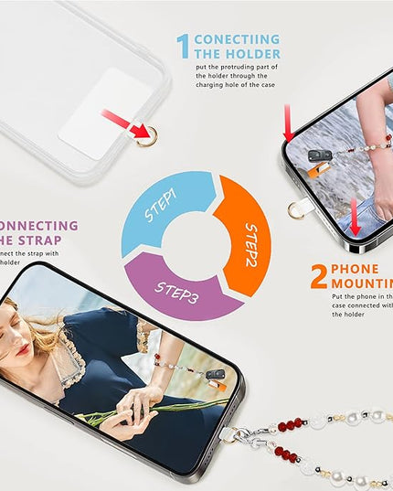 Marble Beaded Phone Wrist Strap,Detachable Phone Bracelet Strap with Tether Tab,Hands-Free Wristlet Strap (Red Cherry)