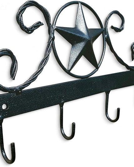 EcoRise Black Texas Country Western Key Holder - Rustic Wall Décor Key Hanger for Home, Vintage Metal Key Hangers for Wall, Star Key Rack Hook Wall Holders, Multiple Hooks for Keys (Black)