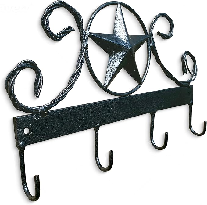 EcoRise Black Texas Country Western Key Holder - Rustic Wall Décor Key Hanger for Home, Vintage Metal Key Hangers for Wall, Star Key Rack Hook Wall Holders, Multiple Hooks for Keys (Black)