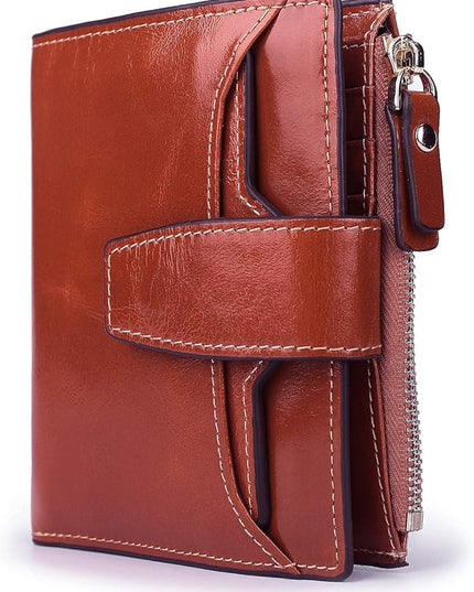 AINIMOER Women's RFID Blocking Leather Small Compact Bi-fold Zipper Pocket Wallet Card Case Purse with id Window