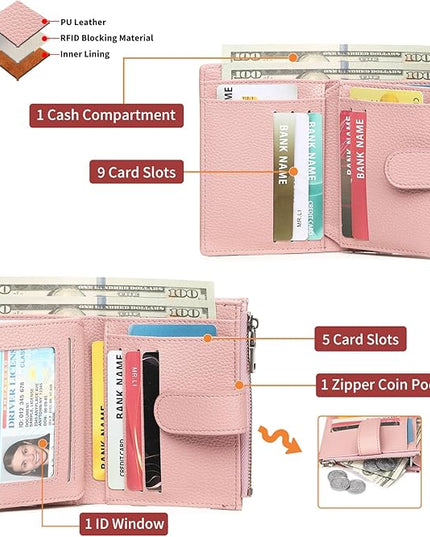 GAEKEAO Womens Wallet Small Leather RFID Blocking Bifold Zipper Pocket Wallet Card Case Purse with ID Window