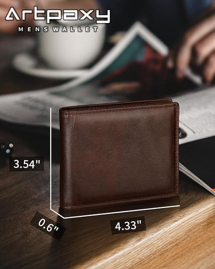 Artpaxy Mens Wallet Genuine Leather Bifold RFID Blocking Wallet for Men with 1 ID Window 13 Card Holders 2 cash pockets 1 Gift Box