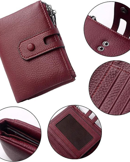 Bveyzi Small Soft Leather Wallet for Women RFID Blocking Ladies Card Holder with Double Zipper Pocket