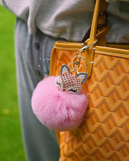 Faux Rabbit Fur Ball Pom Pom Keychain with Fox Head Studded with pearl Rhinestone for Womens Bag Car Key Decoration