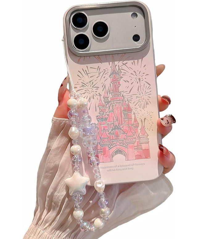 for iPhone 17 Pro Case, Deluxe Fashion Pink，Laser 3D Fireworks Castle，Premium Case with Bracelet， PC+TPU Shockproof and Drop Resistant for Women and Girls