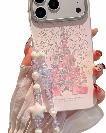 for iPhone 17 Case, Deluxe Fashion Pink，Laser 3D Fireworks Castle，Premium Case with Bracelet， PC+TPU Shockproof and Drop Resistant for Women and Girls