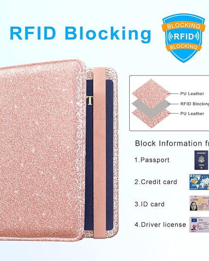 ACdream Passport Holder Cover, Leather Travel Wallet Case, RFID Blocking Document Organizer Protecrtor, with Slots for Credit Cards, Boarding Pass, for Women and Men, Glitter Rose Gold