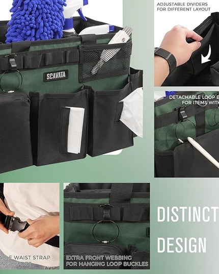 Wearable Cleaning Caddy Bag, Cleaning Caddy Supplies Organizer with Handle & Shoulder Straps for Housekeepers, Under Sink & Car Cleaning Tool Organizers with 4 Foldable Divider (TreeGreen)