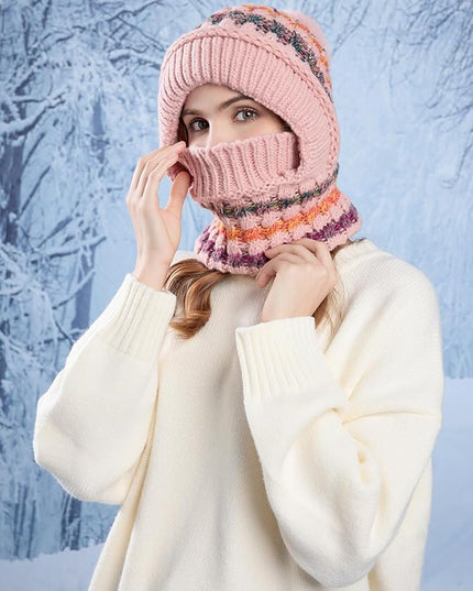 HUAMULAN Women Winter Beanie Hats One Piece Fleece Lined Knit Balaclavas Mask Set Skull Neck Circle Scarf Ski Snow Hat Pompom