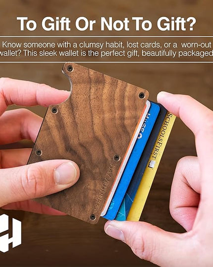 Hayvenhurst Wallet For Men - Reinvented Design Men's Wallet - Slim, Minimalistic & Seamless, Blocks RFID Scanners with a Cash Strap (Walnut Wood)