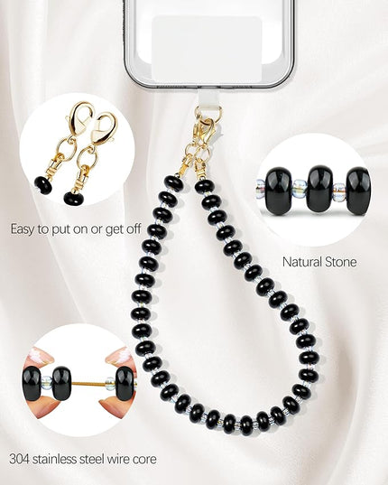 Natural Stone Beaded Phone Wrist Strap for Women – Detachable Chain Wristlet, Durable 304 Stainless Steel Core (Obsidian-Black)