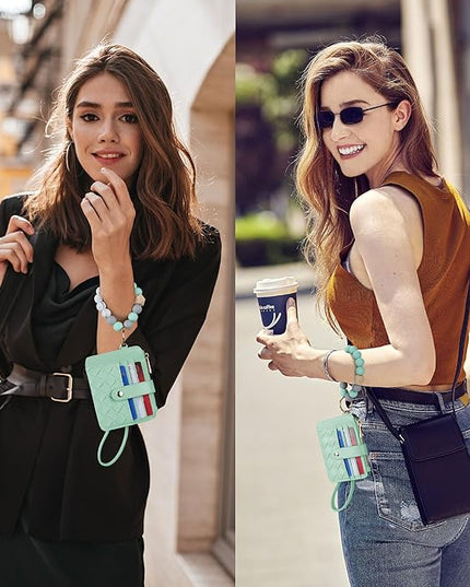 Keychain Wallet with Bracelet RFID Blocking Wristlet Credit Purse Card Holder, Silicone Bead Tassel Key Ring for Women