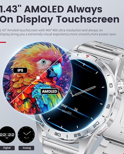 Smart Watch for Men (3 Straps),Answer/Make Calls,1.43'' AMOLED,IP68 Waterproof,110+ Sports Modes Fitness Watch with Sleep Monitor/SpO2/Heart Rate/Pedometer Rugged Smart watch for Android/iOS Silver