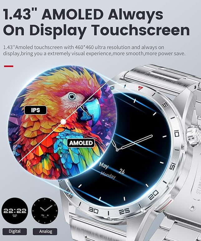 Smart Watch for Men (3 Straps),Answer/Make Calls,1.43'' AMOLED,IP68 Waterproof,110+ Sports Modes Fitness Watch with Sleep Monitor/SpO2/Heart Rate/Pedometer Rugged Smart watch for Android/iOS Silver