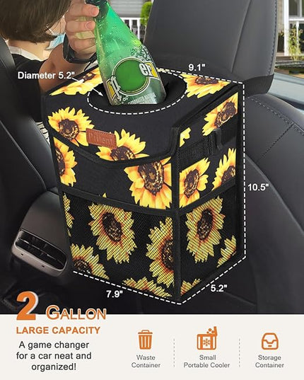 Car Trash Can with Lid, Cute Leakproof Car Trash Garbage Bag Hanging Vehicle Trash Bin Small Portable Automotive Garbage Cans Organizer for Back/Front Seat(Trapezoid,Black Sunflower