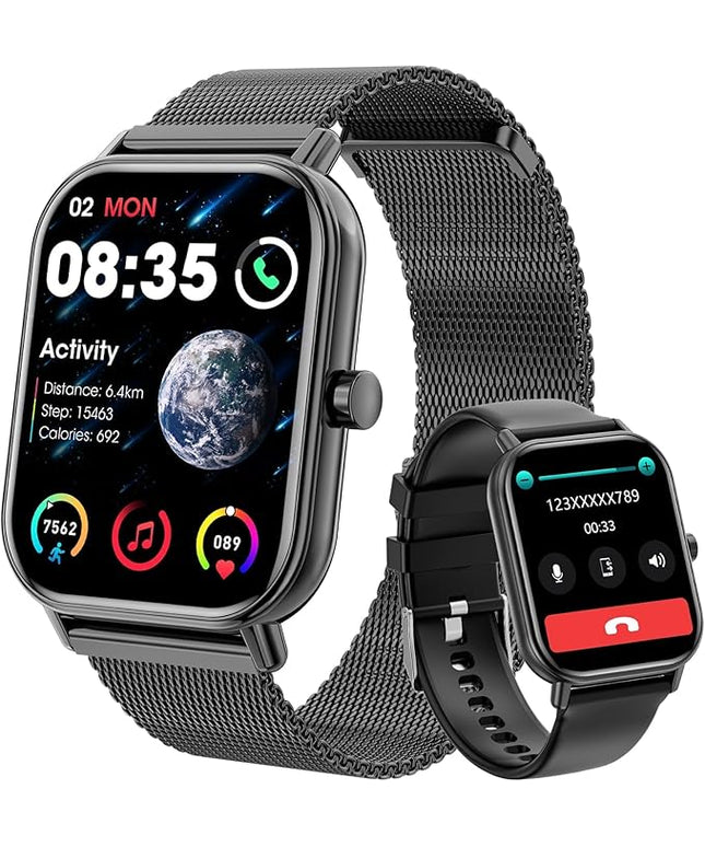 Smart Watch for Women Men, Fitness Tracker Watch for Android Phones iPhone Compatible, 1.85" Smart Watches for Women Men, 110+ Sport Modes Smartwatch (2 Strap)