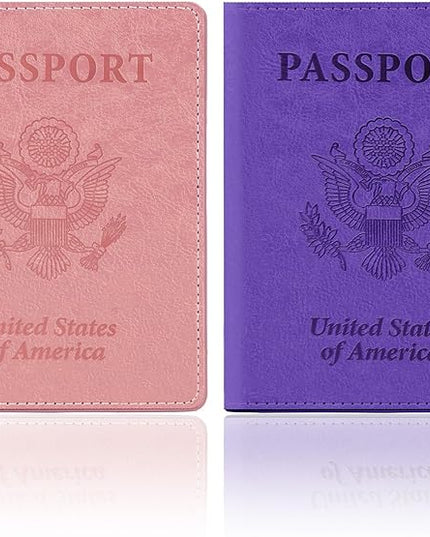 Passport Holder for Travel, 2 PCS Passport Holder, Travel Passport Holders Must Haves for Women Men, Pink and Purple Passport Cover Passport Wallet Case Holders for Travel Cruise Ship Essentials Gifts