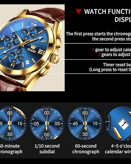 OLEVS Leather Chronograph Watch Men - Leather Strap (Brown/Black), Work Luminous Waterproof Analog Quartz Dress Wrist Watch with Blue/Black/Brown/White Dial