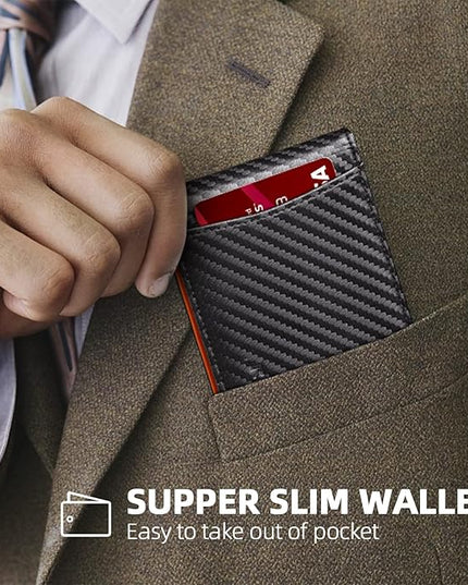 RUNBOX Slim Wallets for Men with RFID Blocking & Minimalist Mens Front Pocket Wallet Leather Black&inner Orange