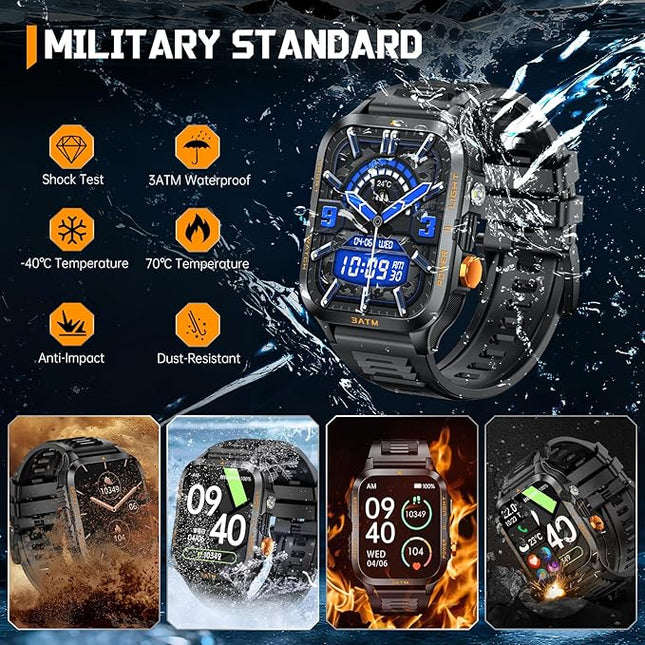 Military Smart Watches for Men (Answer/Make Calls) with Powerful Flashlight 1.96" HD, Outdoor Tactical Smartwatch with Big Battery 880mAh Sport Modes Health Monitor 3ATM for iPhone/Android