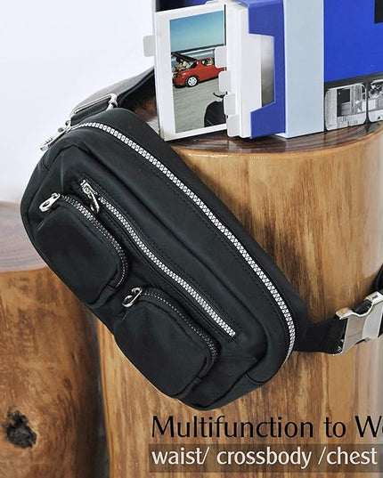 Women's Zipper Pockets Fanny Packs Nylon Waist bag Everywhere Belt bag (Black)