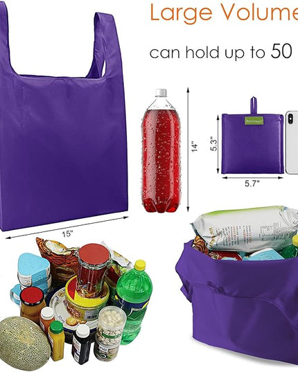 BeeGreen Purple Reusable Grocery Bags Wholesale Purple Reusable Kitchen Bags Bulk Foldable-Machine Washable with Zipper Storage Pouch 50 Packs