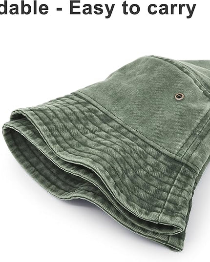 Bucket Hat, Wide Brim Washed Denim Cotton Outdoor Sun Hat Flat Top Cap for Fishing Hiking Beach Sports