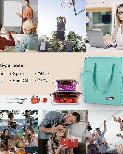 Fmeida Insulated Lunch Bag Women, Leakproof Womens Lunch Bag, Thermal Adult Lunchbag with Front Side Pockets, Reusable Lunch Bag for Office Work Travel Picnic Large Mint Blue