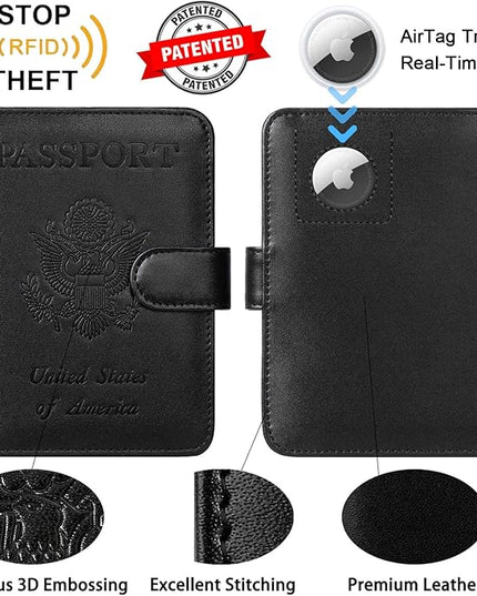 Airtag Passport Holder Cover Wallet RFID Blocking Leather Case Travel Essentials Luggage Accessories Travel Must Have(118#Black)