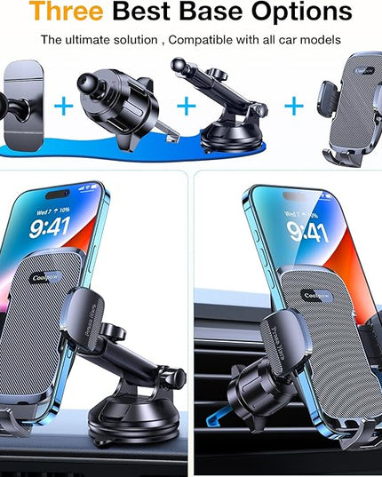 Coolpow 3-in-1 Car Phone Holder Mount【Strongest Suction & Military-Grade】 Cell Phone Holders for Your Car Dashboard Phone Holder Automobile Cradle Truck Mount Stand for iPhone Android All Smartphones