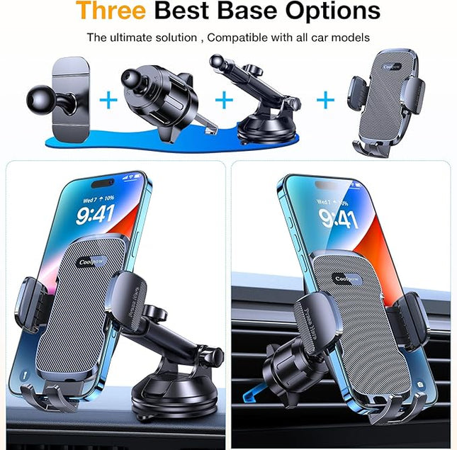 Coolpow 3-in-1 Car Phone Holder Mount【Strongest Suction & Military-Grade】 Cell Phone Holders for Your Car Dashboard Phone Holder Automobile Cradle Truck Mount Stand for iPhone Android All Smartphones