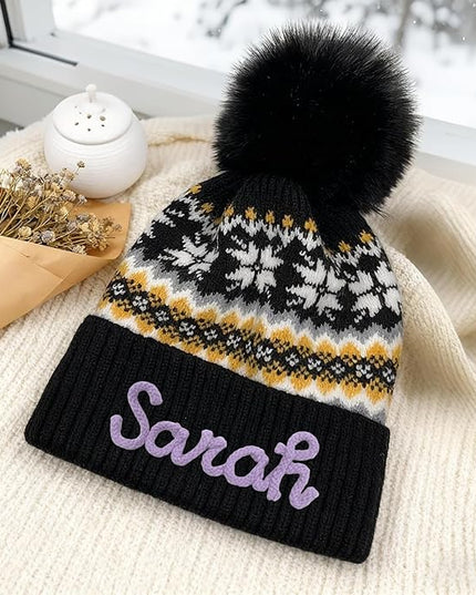 Personalized Beanie for Women Custom Knit with Name, Winter Hat with Pom Pom, Soft Lined Warm Hat, Birthday Gift