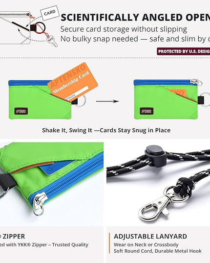 RFID Travel Wallet with Adjustable Lanyard-Zipper Small Wallet with ID Card Holder, Keychain for women&men-Minimalist Slim Waterproof Nylon case for ID, Cash, Key (Green)