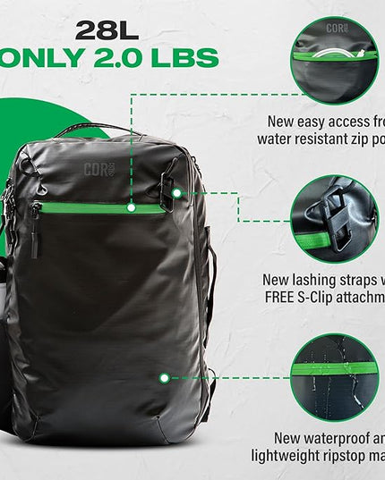 COR Surf Carry On Travel Backpack | Island Hopper 2.0 Ultralight Airline Approved Personal Item Backpack | 28L Black | Waterproof Edition - FREE S-Clip Included