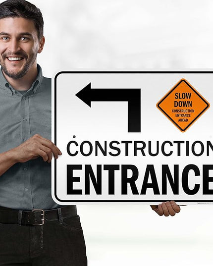Slow Down Construction Entrance Ahead With Left Arrow Sign, 18x24 Inches, 3M EGP Reflective .080 Aluminum, Fade Resistant, Made in USA by My Sign Center