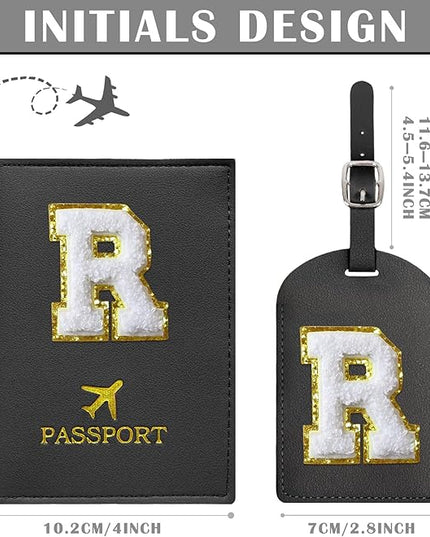 COSHAYSOO Black Passport Cover Holder and Initial Luggage Tag Set for Women Boys Girls Kids European International Travel Accessories Letter R