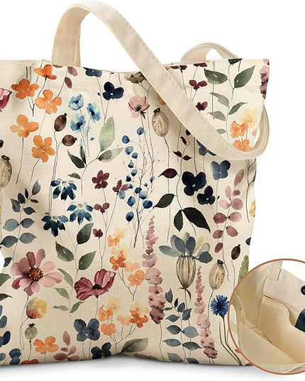 Aesthetic Tote Bag for Girls - with Magnetic Buckle and Zipper Inner Pocket for Women Lady Canvas Cotton Tote Bag
