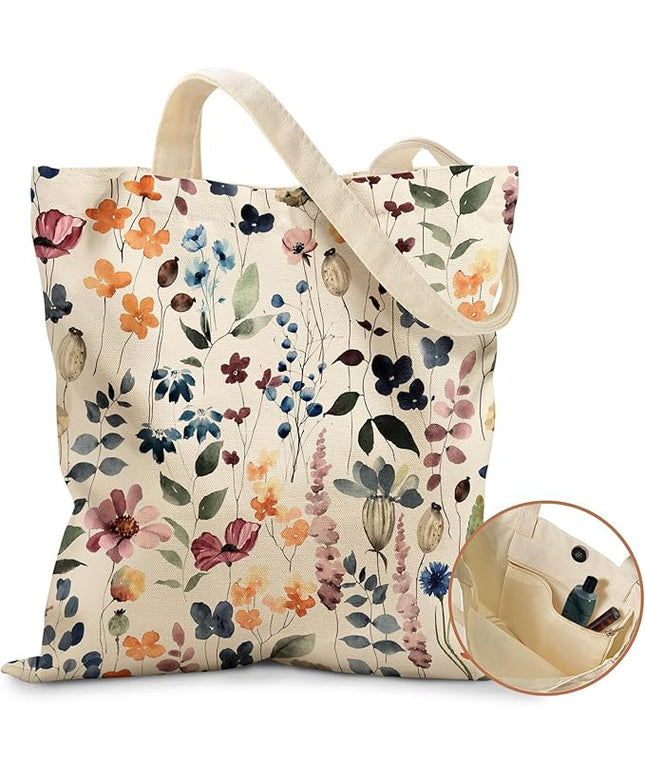 Aesthetic Tote Bag for Girls - with Magnetic Buckle and Zipper Inner Pocket for Women Lady Canvas Cotton Tote Bag