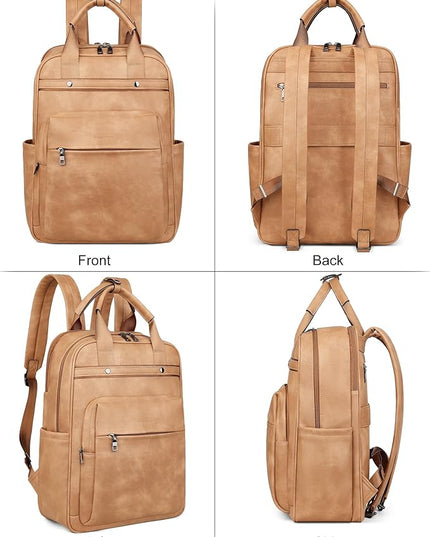 MASINTOR Leather Laptop Backpack for Women, Stylish Computer Backpack College Business Work Shoulder Bags Work and Travel Retro Camel