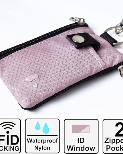Minimalist RFID Blocking Small Wallet with ID Window,WaterResistant Zip Id Case Wallet with Lanyard Keychain for Cards,Cash,Travel,Women,Men